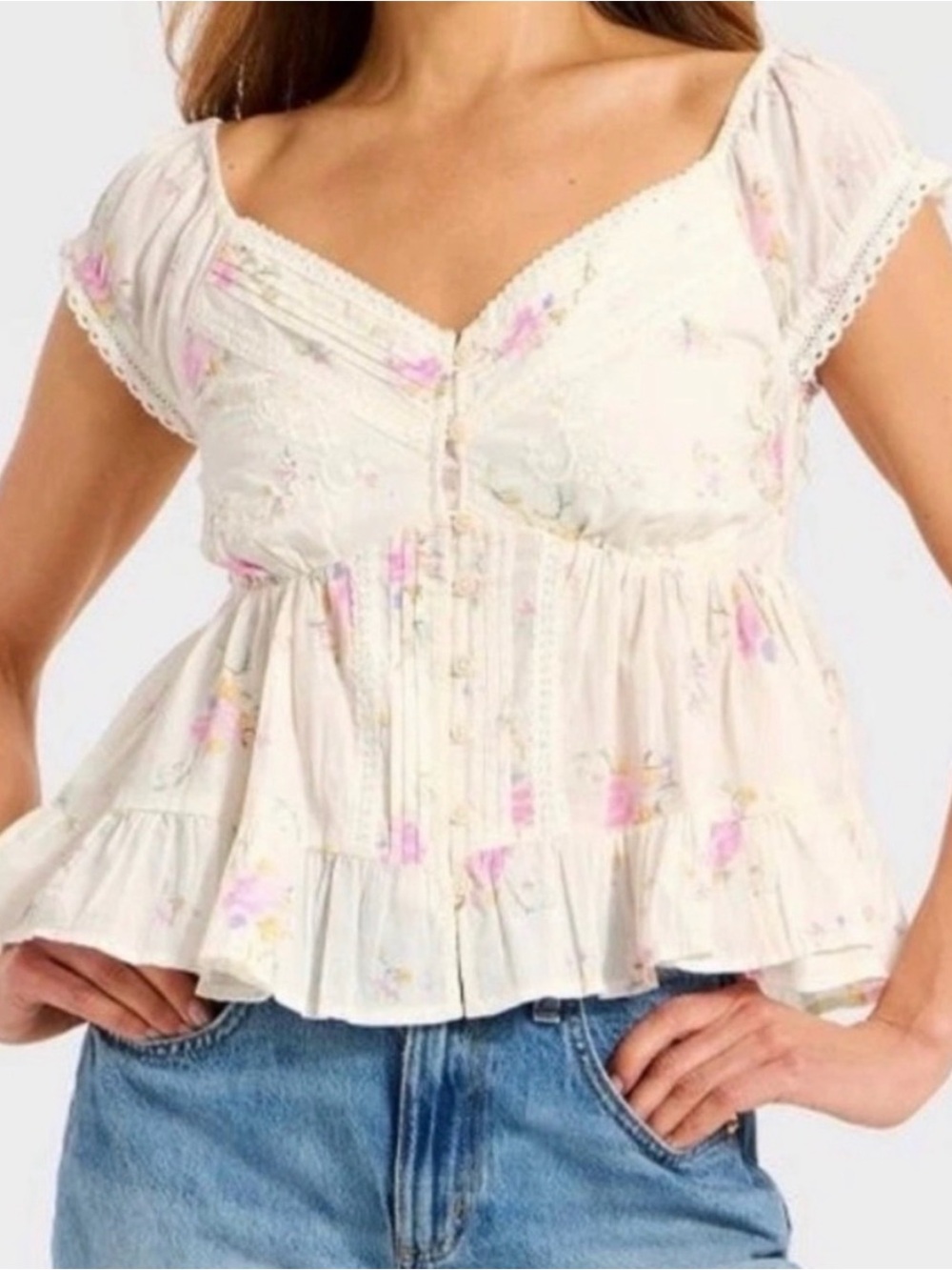 Universal Thread Cream Floral Peplum Blouse with Pink & Yellow Accents Cottage